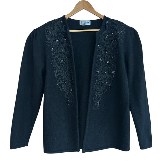 Vintage 90s Magnolia Black Beaded Applique Cardigan Lambswool Angora Sz M - Picture 2 of 7